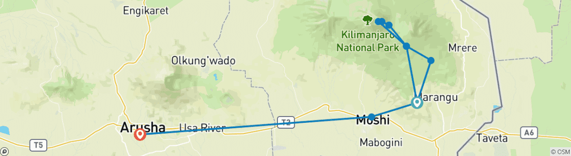 Image of a map showing the route of the tour