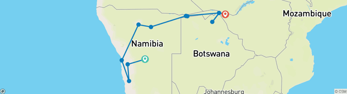 Image of a map showing the route of the tour