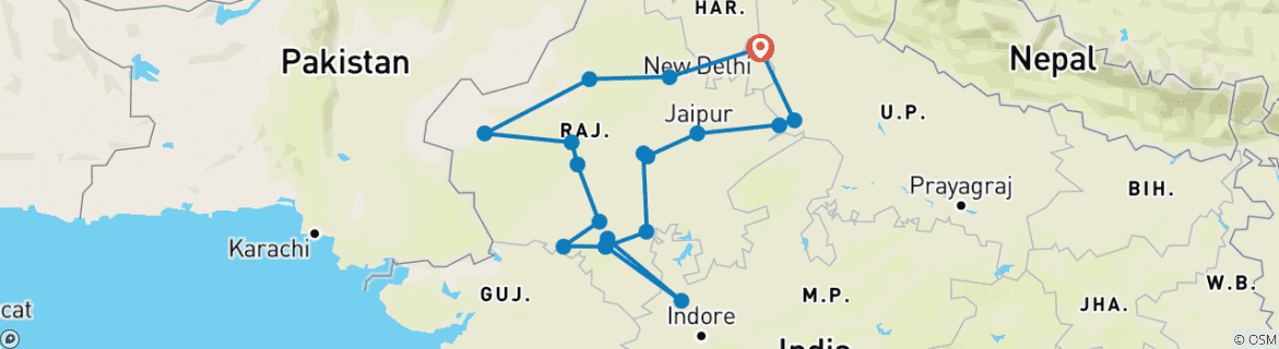 Image of a map showing the route of the tour