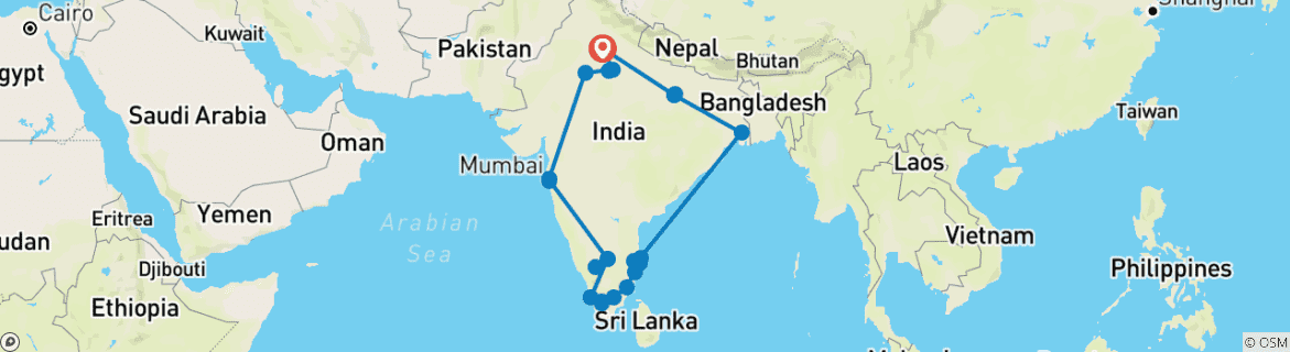 Image of a map showing the route of the tour