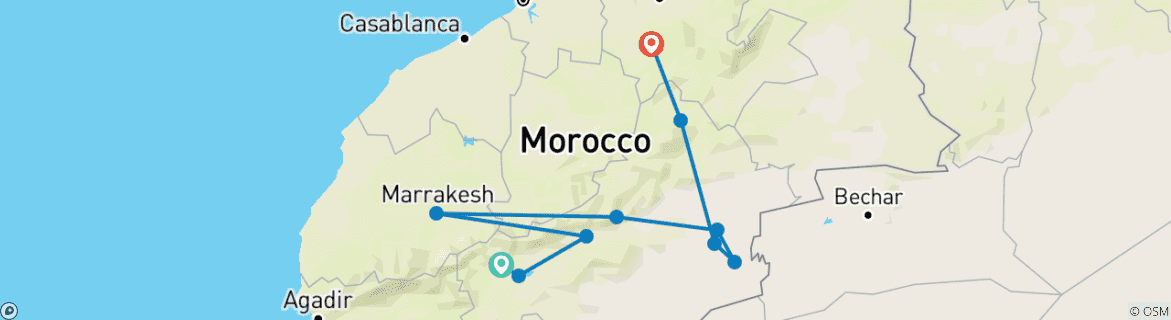 Image of a map showing the route of the tour