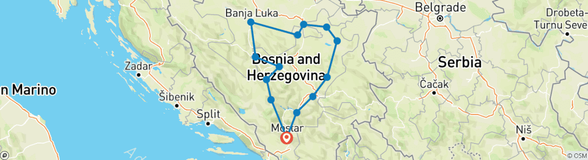 Image of a map showing the route of the tour