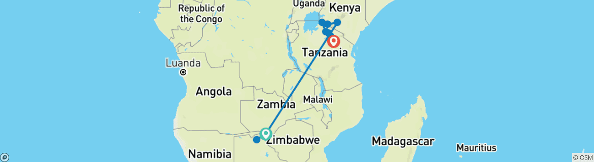 Image of a map showing the route of the tour