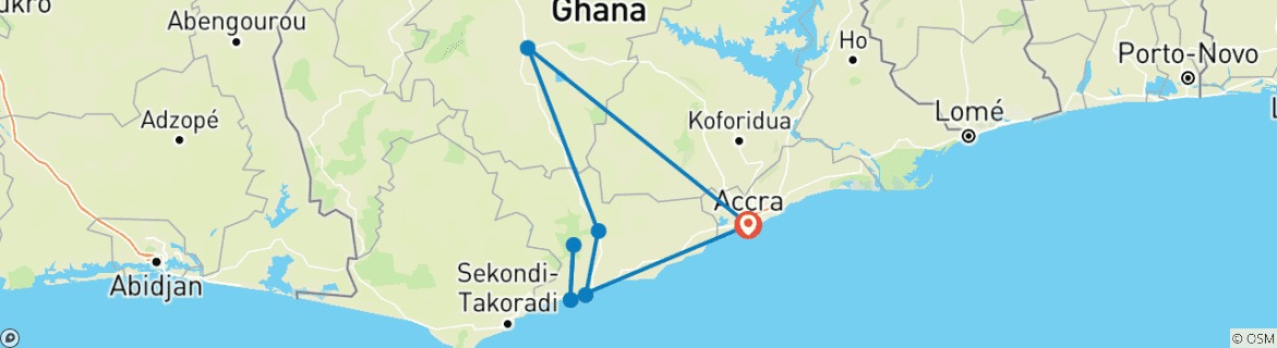 Image of a map showing the route of the tour