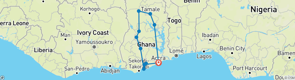 Carte du circuit Festival historique panafricain (PANAFEST) 2027 : circuit au Ghana, 12 jours (du 24 juillet au 4 août 2027)
