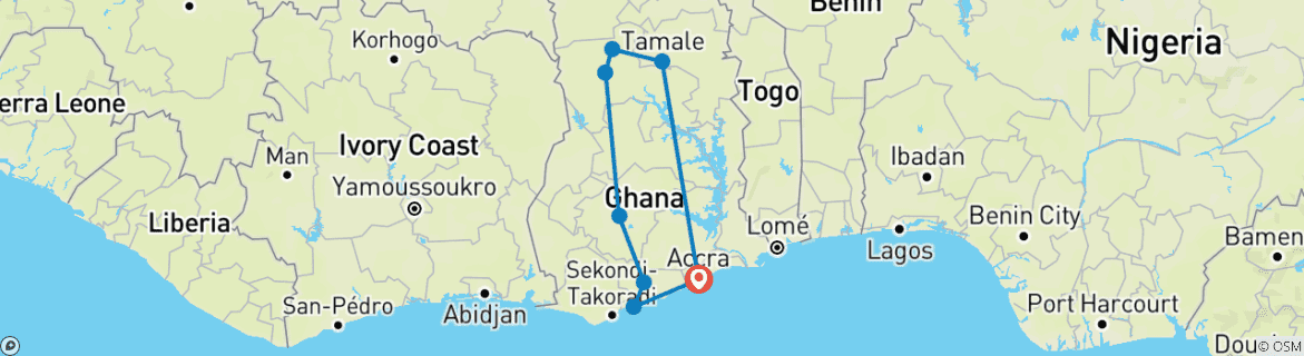 Image of a map showing the route of the tour