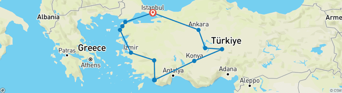 Image of a map showing the route of the tour