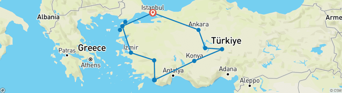 Image of a map showing the route of the tour