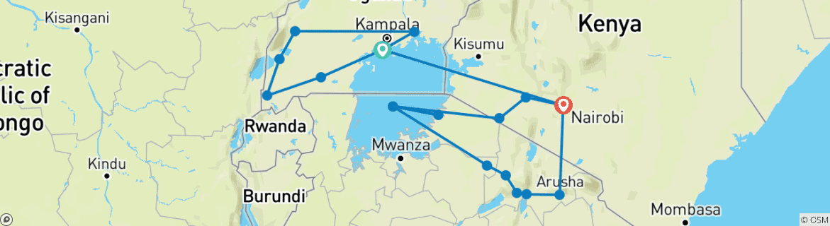 Image of a map showing the route of the tour