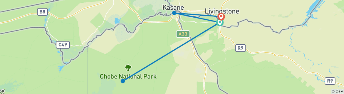 Image of a map showing the route of the tour
