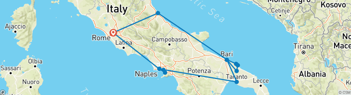 Image of a map showing the route of the tour