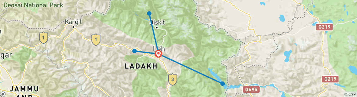 Image of a map showing the route of the tour