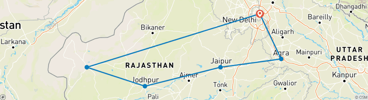 Image of a map showing the route of the tour