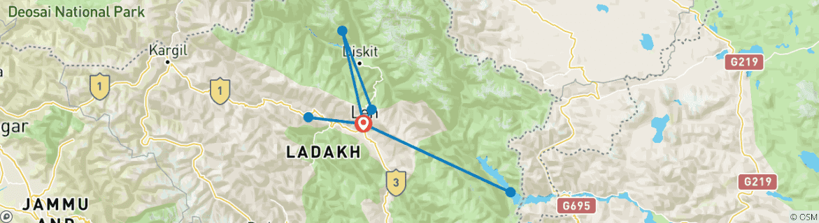 Image of a map showing the route of the tour