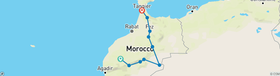 Image of a map showing the route of the tour