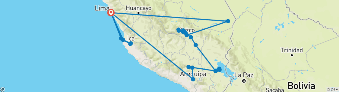 Image of a map showing the route of the tour