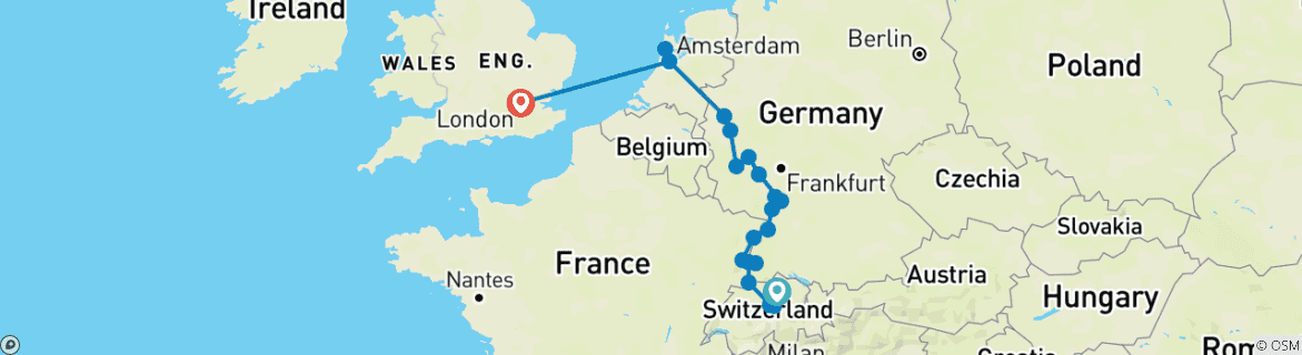 Image of a map showing the route of the tour