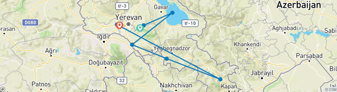 Image of a map showing the route of the tour