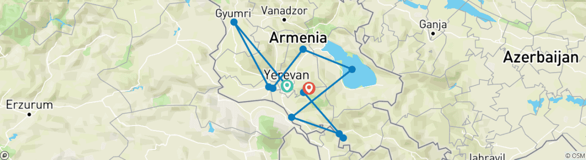 Image of a map showing the route of the tour