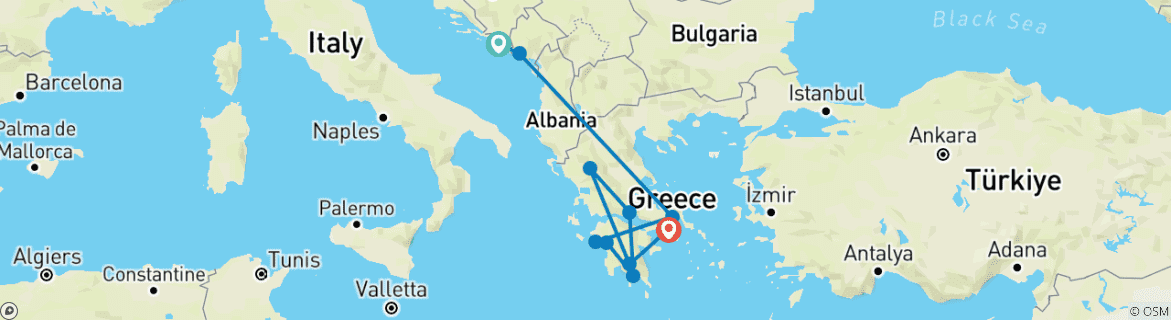Image of a map showing the route of the tour