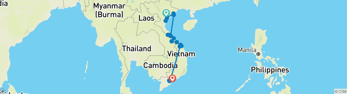 Image of a map showing the route of the tour