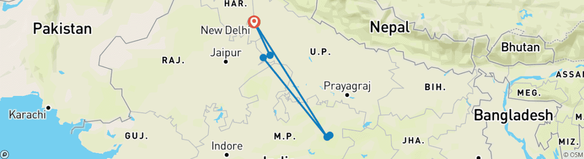 Image of a map showing the route of the tour