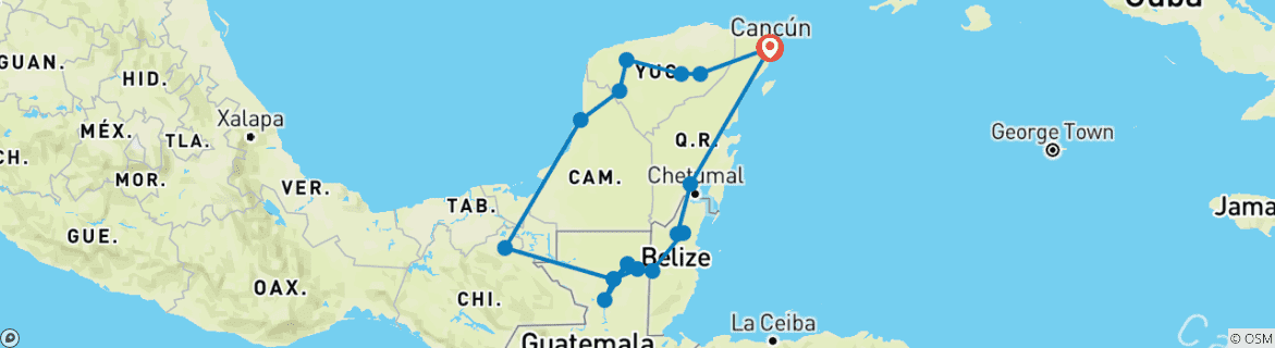 Image of a map showing the route of the tour