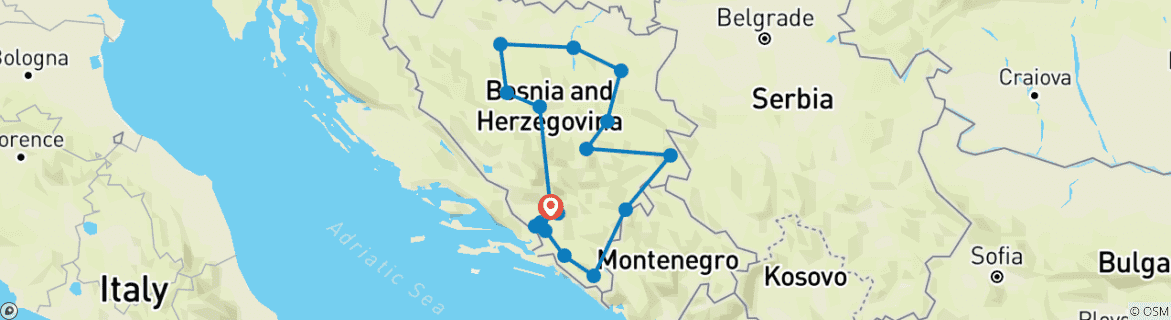 Mapa de Viaje cultural inmersivo de 15 días por Bosnia con salida desde Mostar. Lugares declarados Patrimonio de la Humanidad por la UNESCO. Disfruta de fortalezas medievales, montañas imponentes, ríos cristalinos y paisajes impresionantes. Mucho legado del…