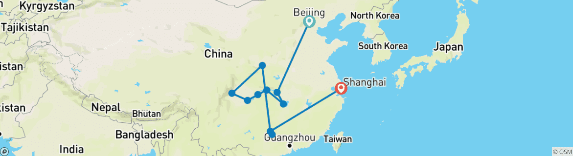 Image of a map showing the route of the tour