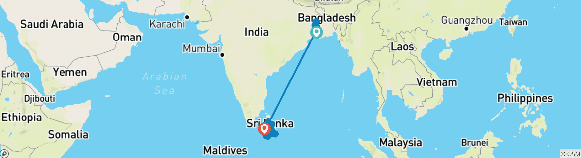 Carte du circuit Merveilles de l'Inde et du Sri Lanka 2026 - Kolkata à Galle, 2027 - Kolkata à Negombo (2027)