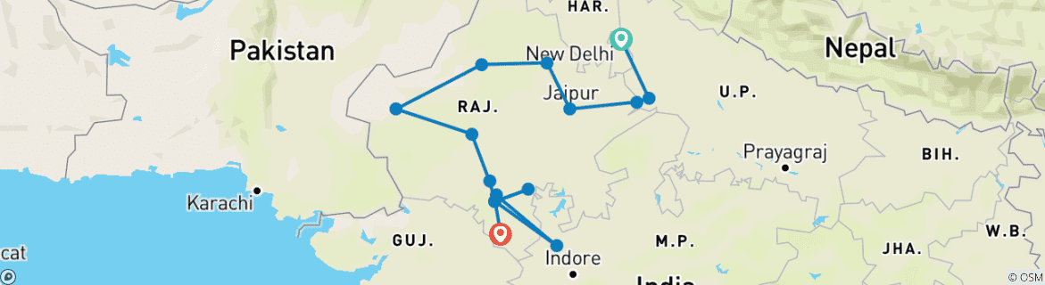 Image of a map showing the route of the tour