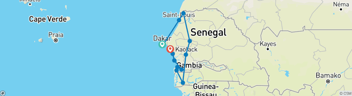 Image of a map showing the route of the tour