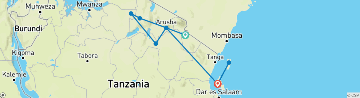 Image of a map showing the route of the tour