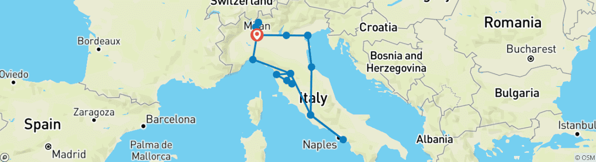 Image of a map showing the route of the tour