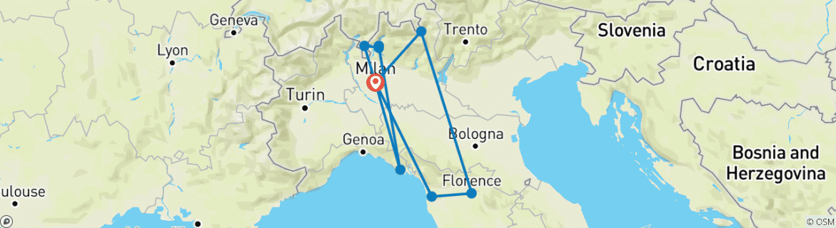 Image of a map showing the route of the tour