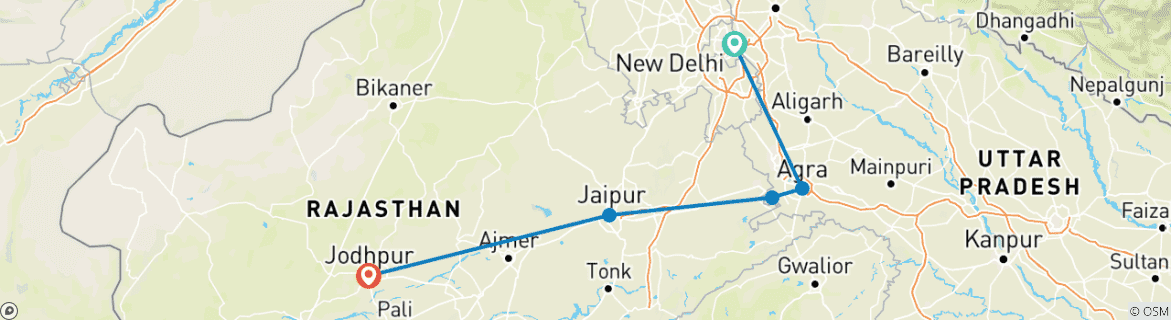 Image of a map showing the route of the tour