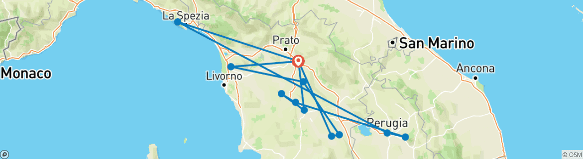 Image of a map showing the route of the tour