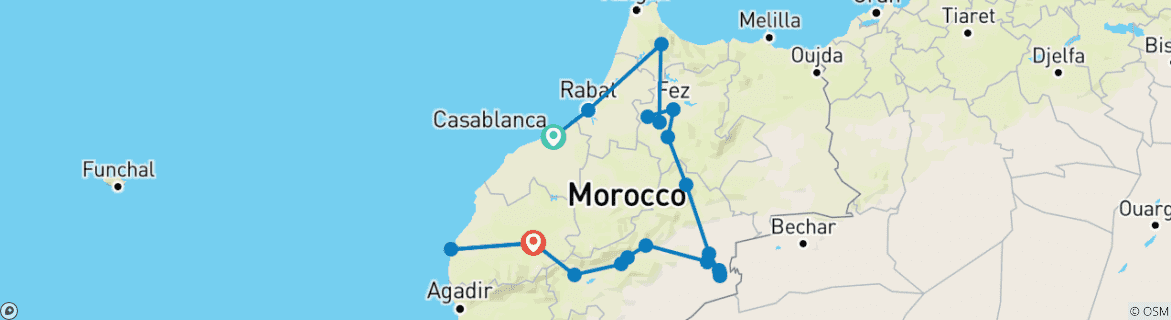 Image of a map showing the route of the tour