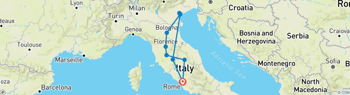 Image of a map showing the route of the tour