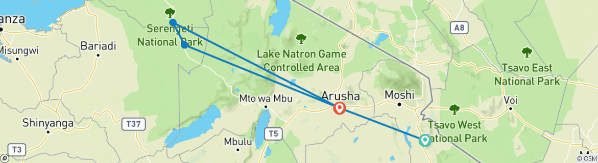 Image of a map showing the route of the tour