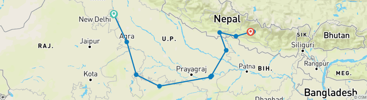 Image of a map showing the route of the tour