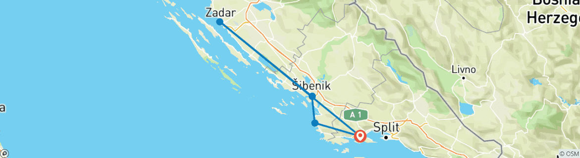 Image of a map showing the route of the tour