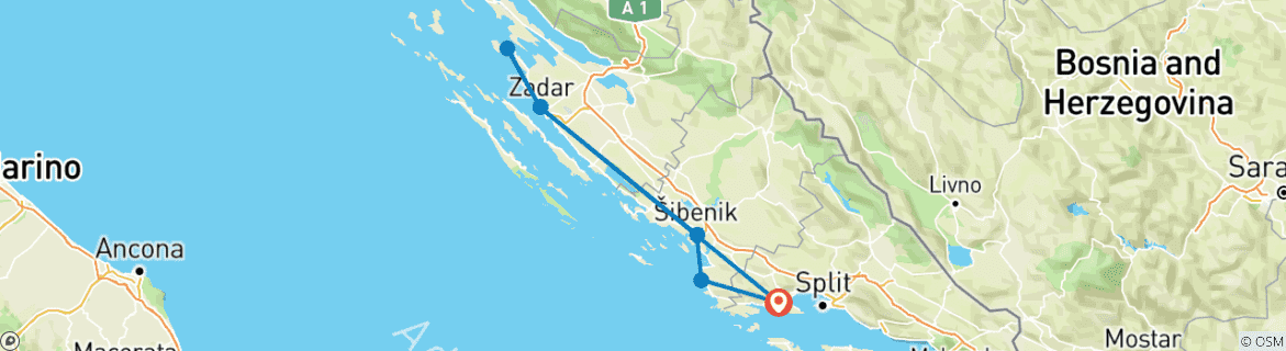 Image of a map showing the route of the tour