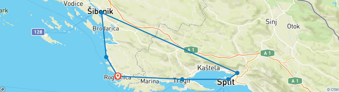 Image of a map showing the route of the tour