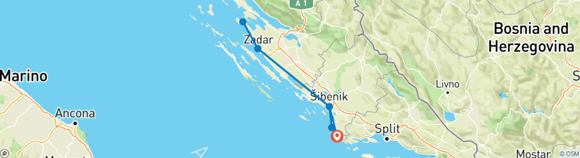 Image of a map showing the route of the tour