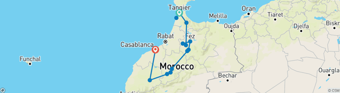 Image of a map showing the route of the tour