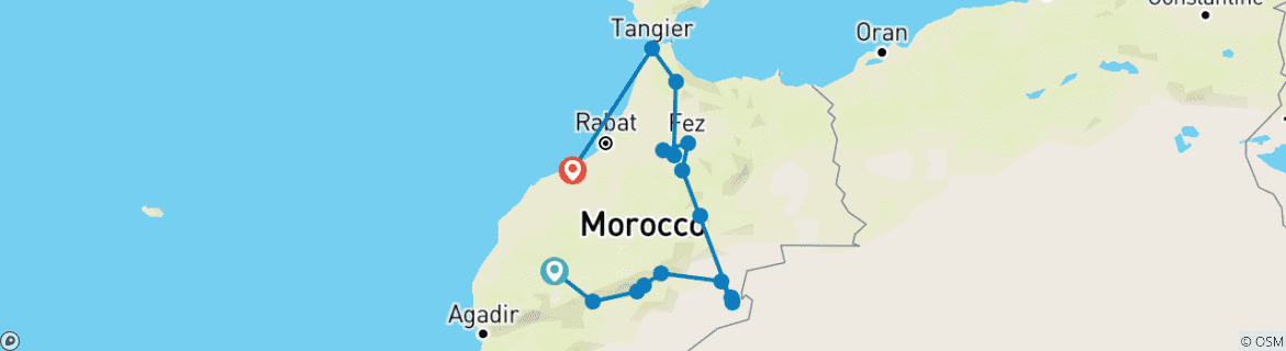 Image of a map showing the route of the tour
