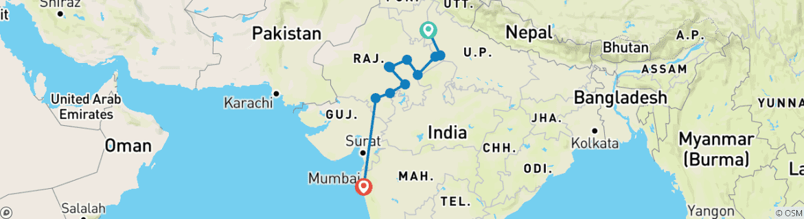 Image of a map showing the route of the tour