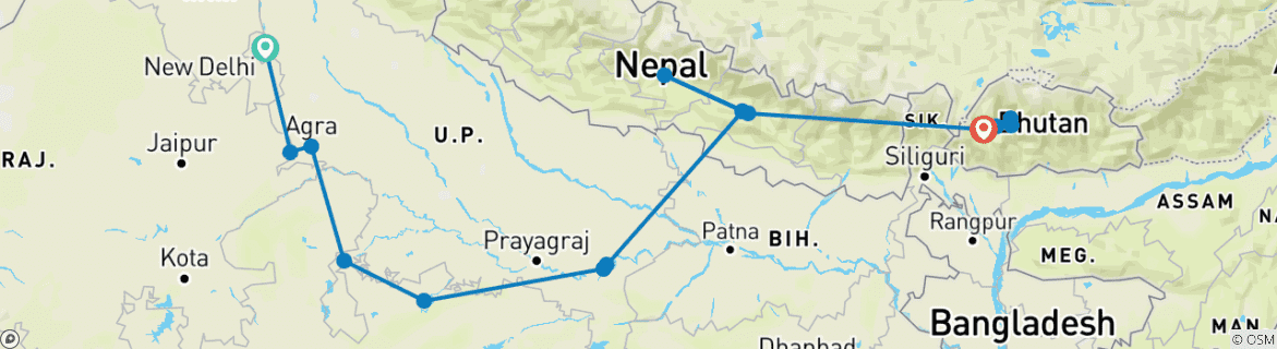 Image of a map showing the route of the tour