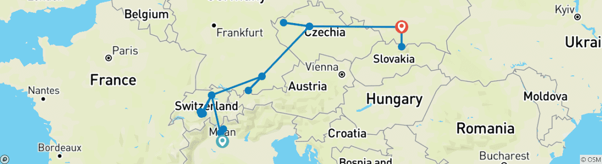 Image of a map showing the route of the tour